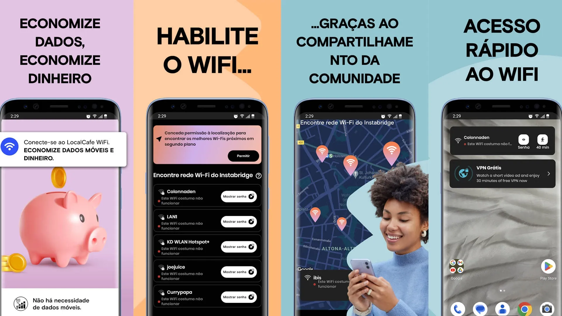 Telas do app Instabridge mostrando opções de conexão Wi-Fi gratuita, mapa de hotspots e serviços de eSIM.