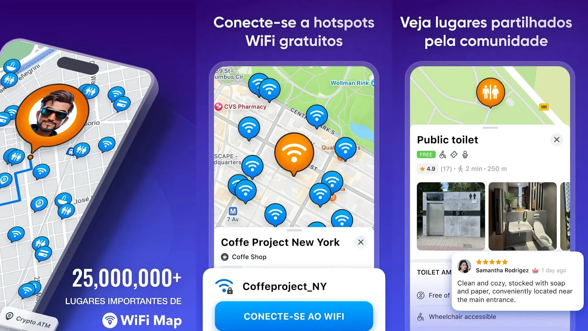Tela do app WiFi Map mostrando mapa com pontos de acesso Wi-Fi próximos à área urbana.