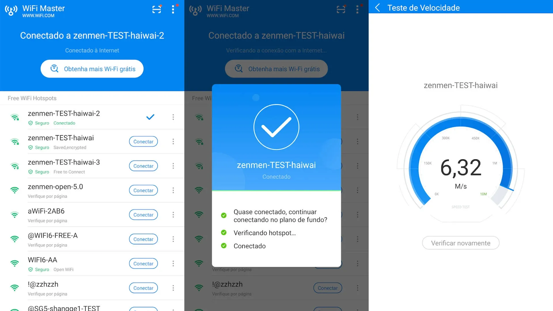 Telas do app WiFi Master mostrando lista de redes disponíveis, tela de conexão automática e teste de velocidade