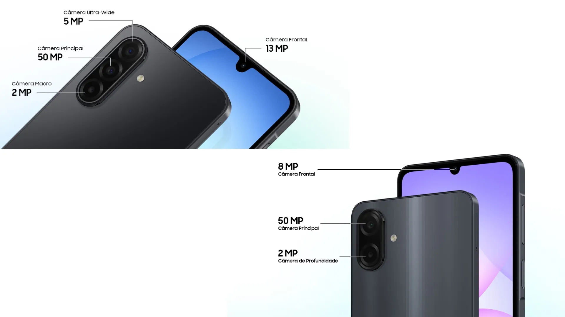 Comparativo de especificações de câmeras de dois smartphones, mostrando megapixels e tipos de lentes