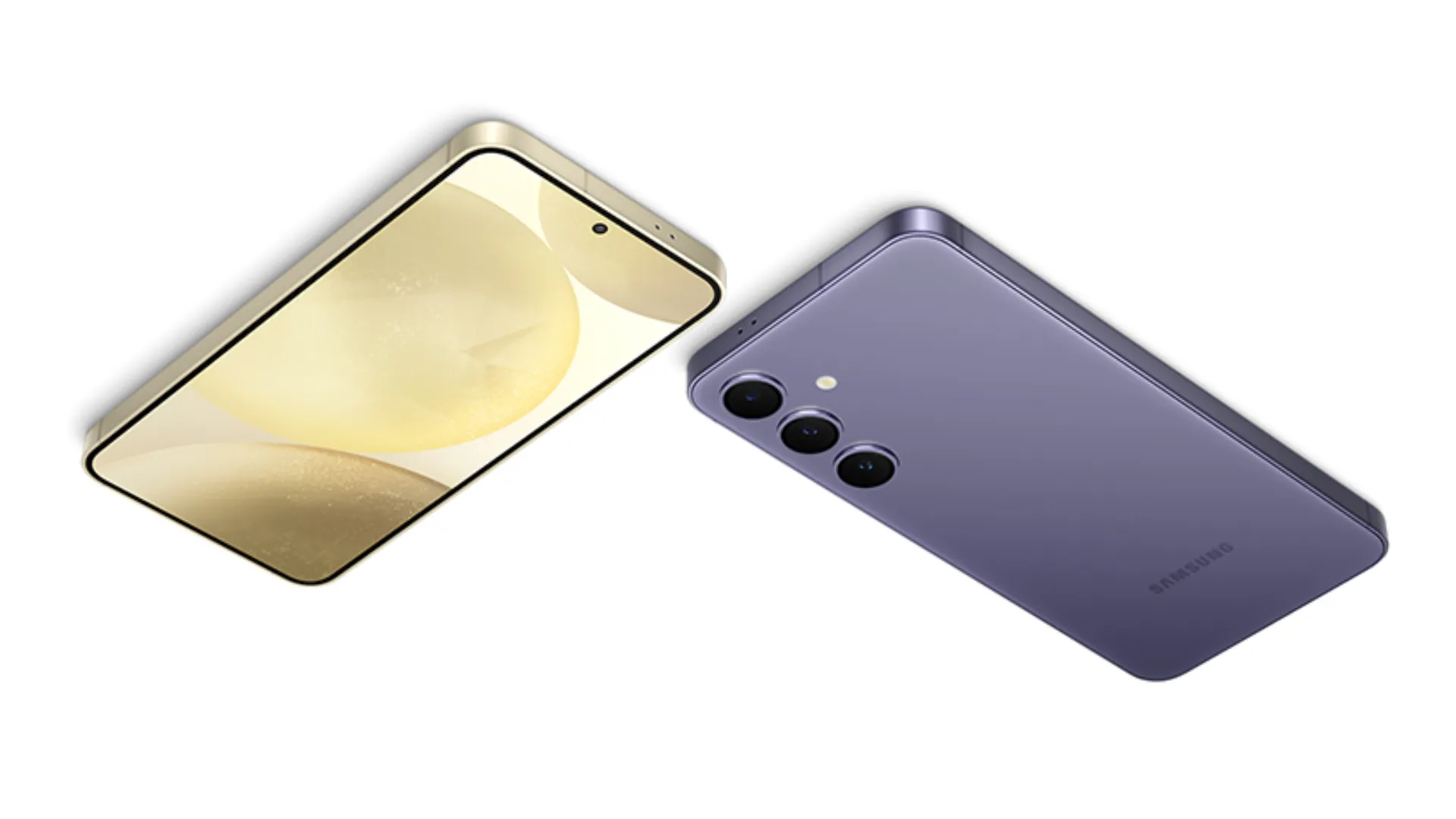 Smartphones Samsung Galaxy exibindo câmeras traseiras triplas e câmera frontal centralizada, destacando recursos fotográficos