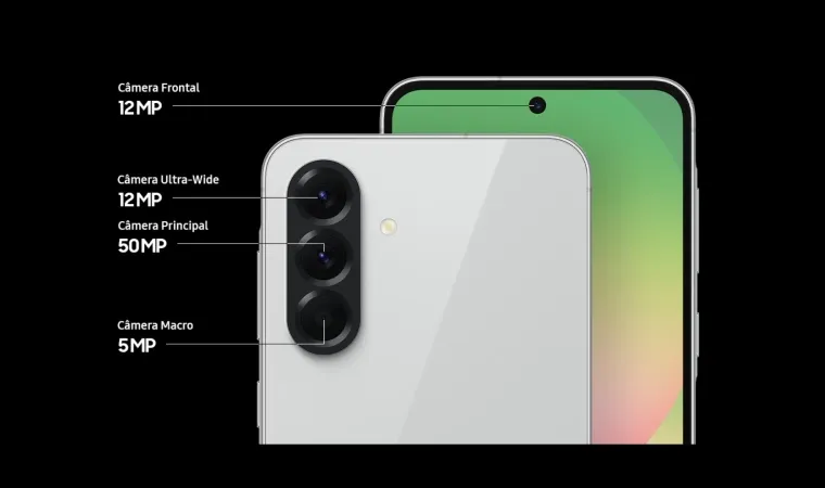 Galaxy A56 com especificações das câmeras destacadas, incluindo lente principal de 50MP e frontal de 12MP