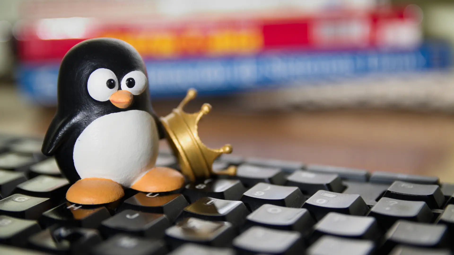 Boneco do pinguim símbolo do Linux aparece em cima de um teclado de computador