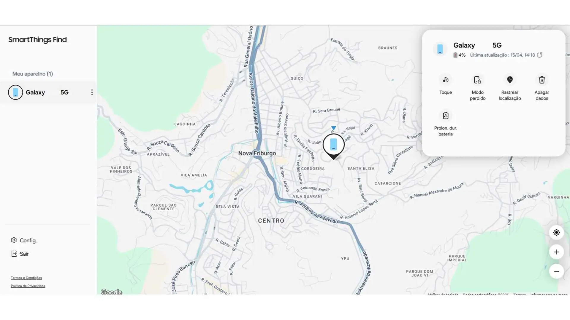 Interface do SmartThings Find exibindo localização e opções de gerenciamento de dispositivo Galaxy