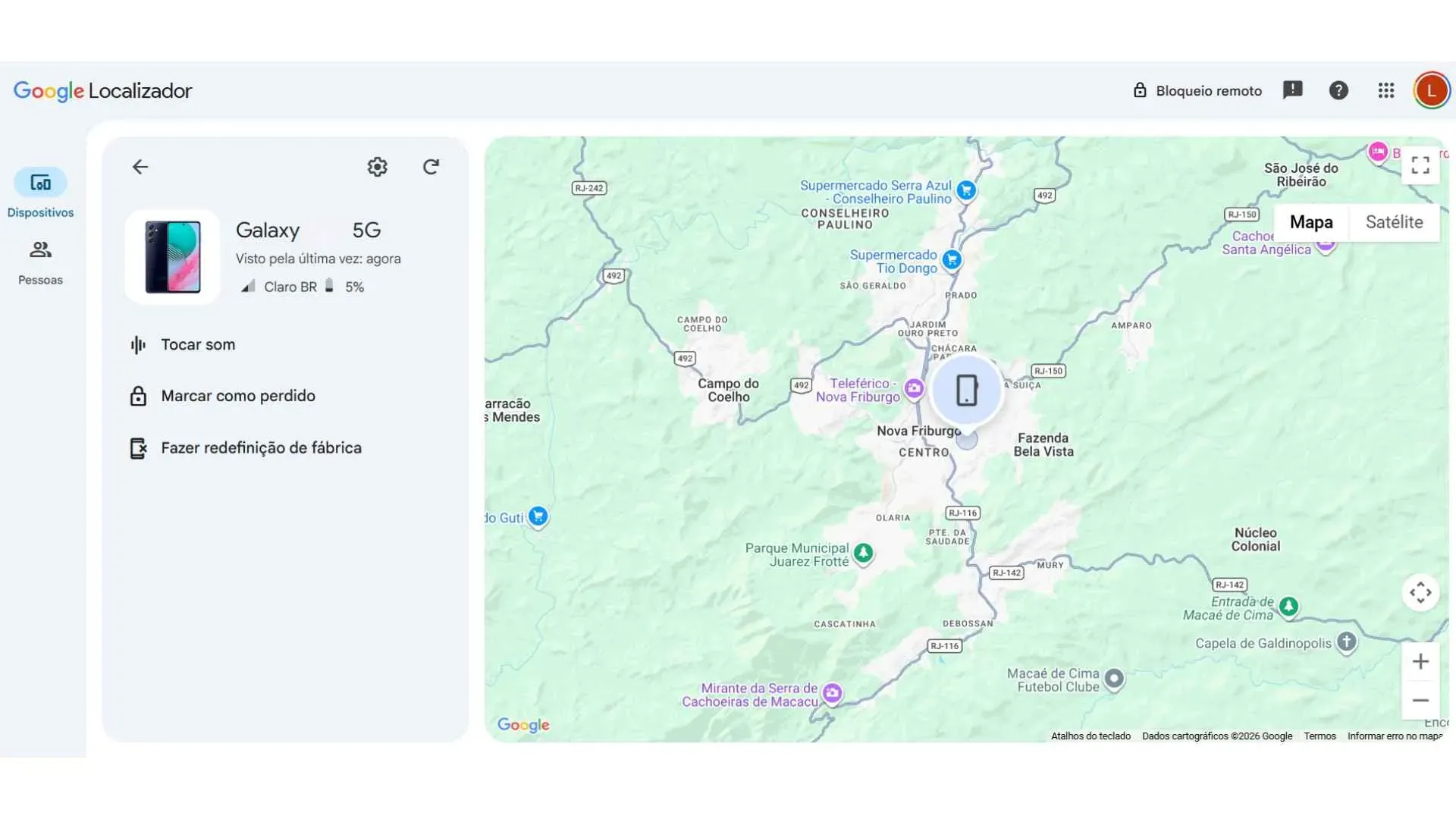 Tela do Google Localizador mostrando opções de redefinição e localização de dispositivo Galaxy