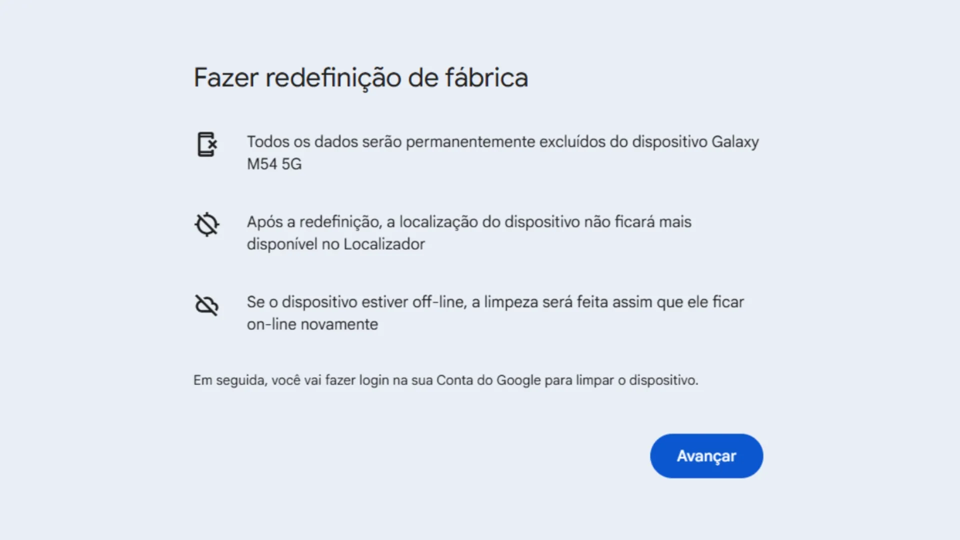 Tela de redefinição de fábrica em dispositivo Galaxy com instruções e botão avançar