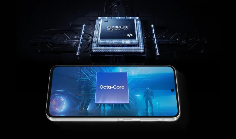 Chip MediaTek Dimensity 7300 com destaque para 5G e octa-core, simbolizando desempenho avançado acima e o Exynos 1580 abaixo