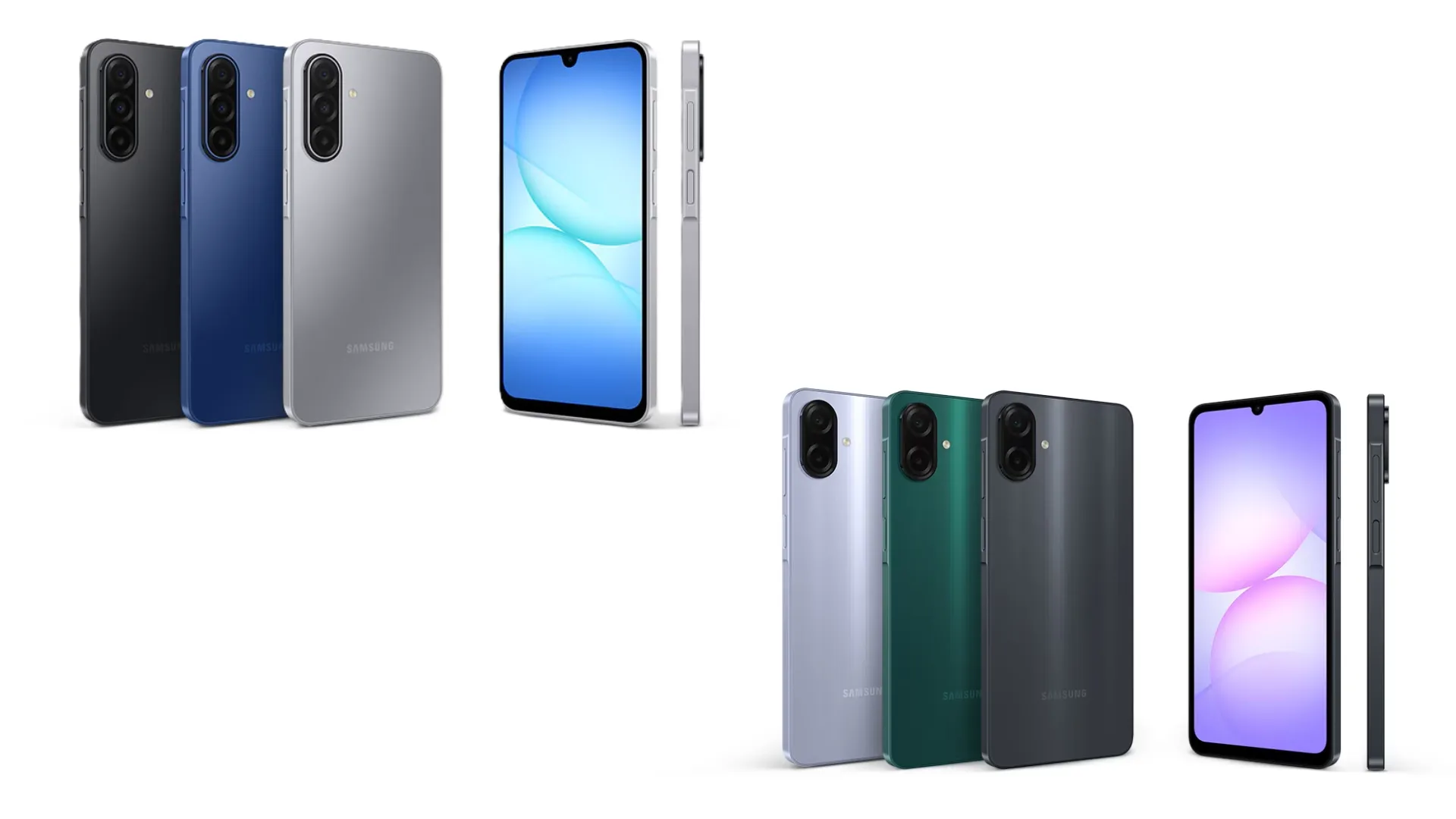 Conjunto de smartphones Samsung em diferentes cores e ângulos, destacando design e acabamento