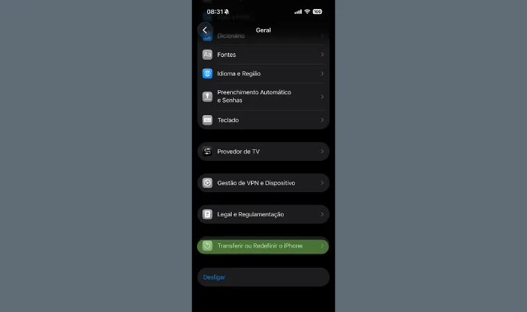 Imagem mostra o print de tela para transferir ou redefinir o iPhone