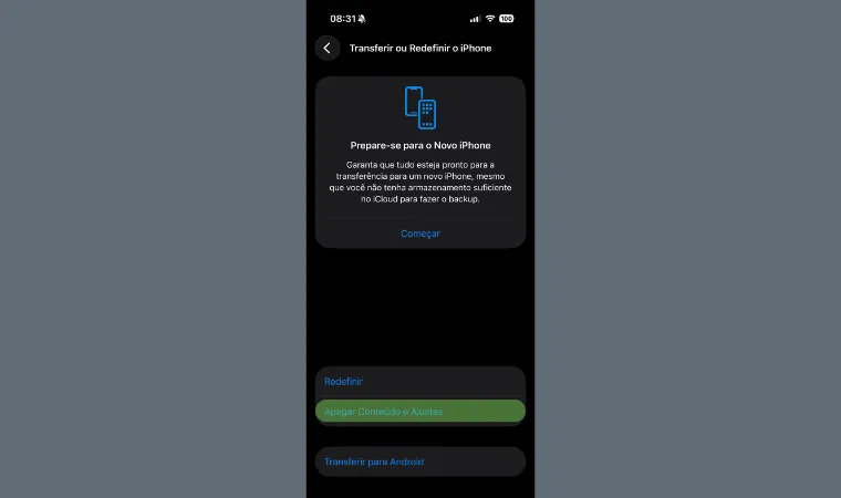 Imagem mostra o print para apagar conteúdo e ajustes do iPhone