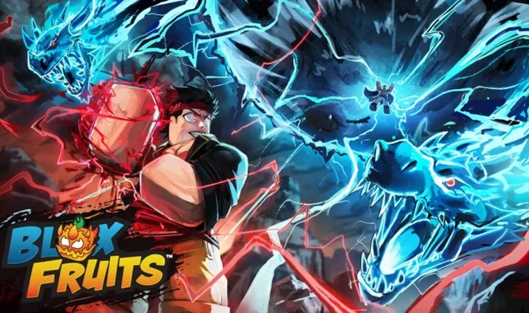 Arte do jogo Blox Fruits no qual um personagem pirata enfrenta dois dragões azuis invocados por um oficial da marinha