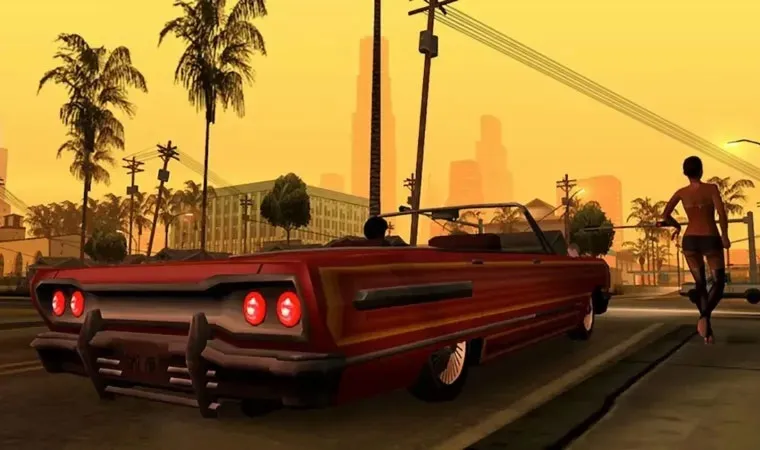 Imagem do jogo GTA: San Andreas mostrando o jogador dirigindo um carro vermelho pelas ruas sob um céu
