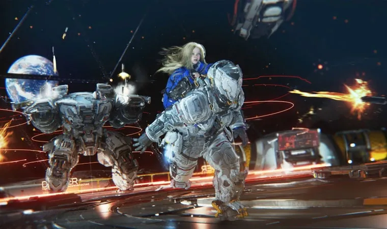 Imagem do jogo Pragmata com o personagem Hugh Williams correndo em seu traje de astronauta branco com a androide Diana com aparência de criança em suas costas, ambos fugindo de um robô hostil 