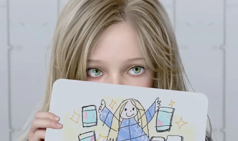 Imagem do jogo Pragmata mostrando a personagem Diana segurando um desenho rudimentar como se fosse feito por uma criança