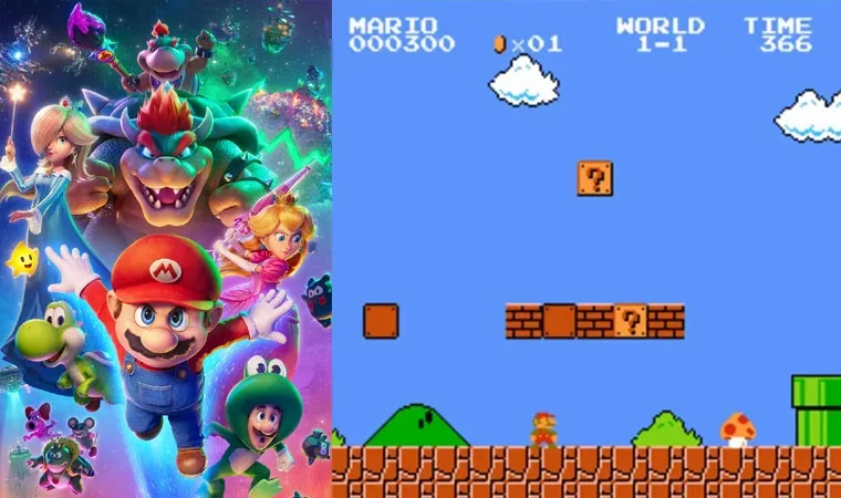 Imagem com elenco principal de Super Mario Galaxy à esquerda e foto do jogo Super Mario Bros. do NES à direita.