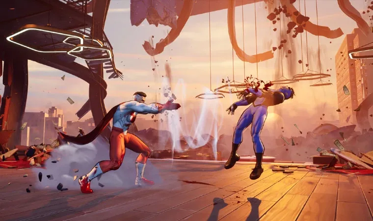 Imagem do jogo Invincible VS com o personagem Omni-Man desferindo um golpe sônico ao bater as mãos com força contra o personagem Invencível em meio a um prédio em ruínas