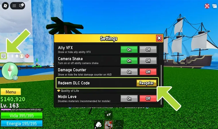 Imagem do jogo Blox Fruits em Roblox mostrando o menu de opções onde fica a opção de resgate de códigos