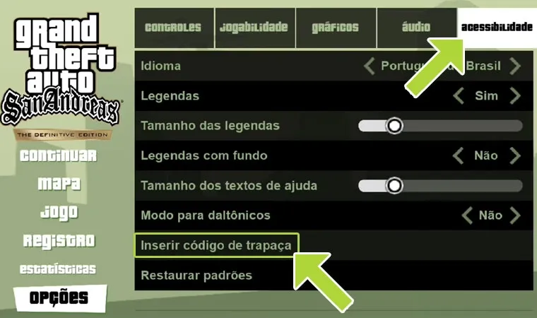 Menu do GTA: San Andreas - Definitive Edition com a opção "Inserir código de trapaça" no menu "Acessibilidade".