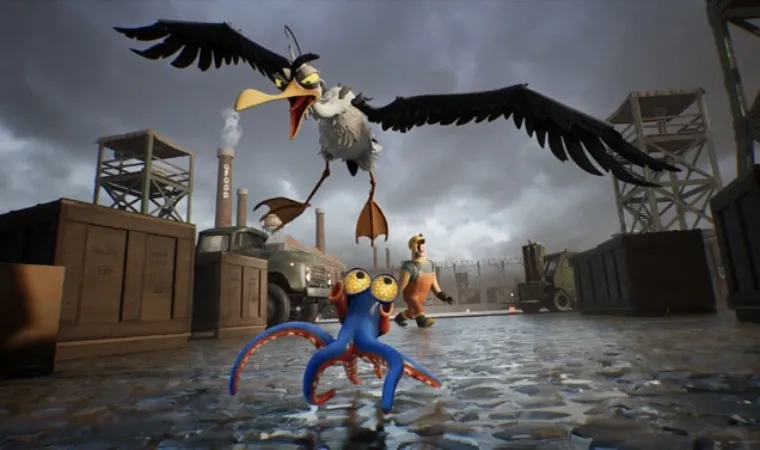 Imagem do jogo Darwin's Paradox exibindo o polvo azul Darwin correndo pelas ruas enquanto é perseguido por uma gaivota