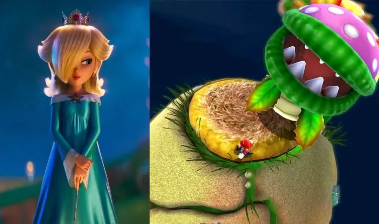 Imagem com princesa Rosalina de Super Mario Galaxy à esquerda e foto do jogo Wii à direita com Mario contra Petey Piranha.