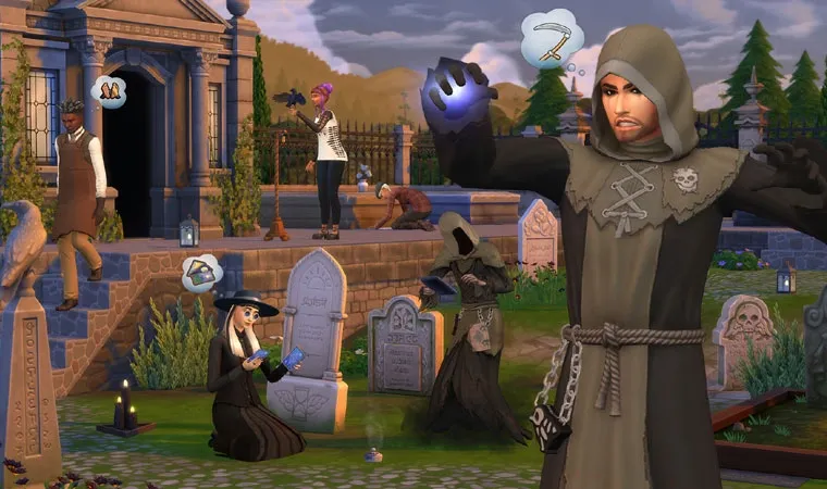 Imagem da expansão Pé na Cova de The Sims 4 em um cemitério com um Sim ceifador à direita e a própria Morte atrás dele