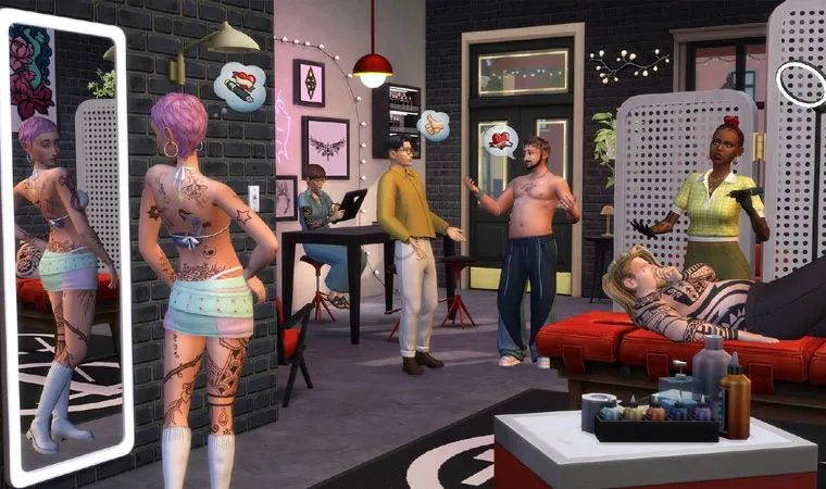 Imagem da expansão Ócio e Negócios do jogo The Sims 4 em um estúdio de Tatuagem com vários Sims