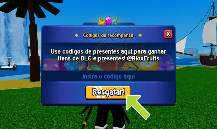 Imagem do jogo Blox Fruits em Roblox mostrando a janela do menu de resgate de códigos