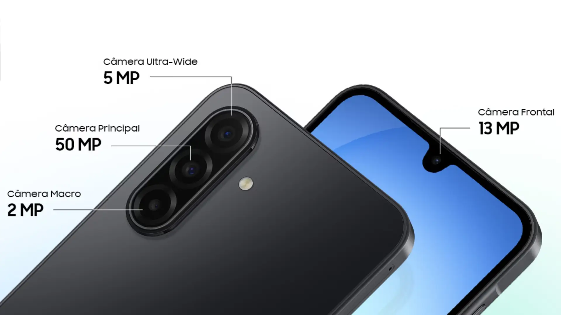 Imagem mostra um celular e, em volta, especificações das lentes