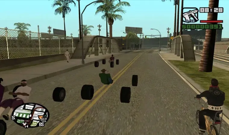 Imagem de GTA: San Andreas com carros invisíveis com rodas e motoristas flutuando via código de trapaça.