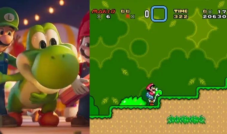 Imagem dividida com Yoshi de Super Mario World à esquerda e foto do jogo SNES à direita com Mario montado em Yoshi.