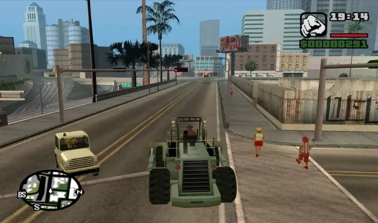 Imagem do jogo GTA: San Andreas com o protagonista C.J. dirigindo trator na cidade via cheat de veículo.
