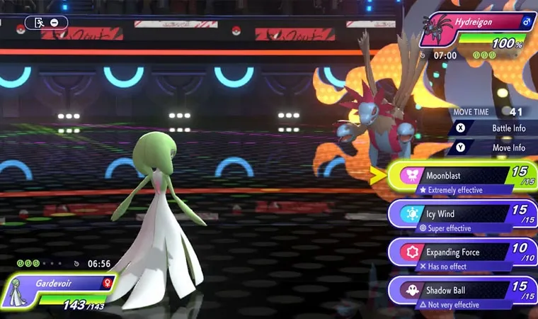 Imagem do jogo Pokémon Champions exibindo o Pokémon Gardevoir em batalha contra o monstro Hydreigon