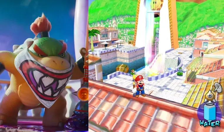 Imagem dividida com Bowser Jr. segurando pincel à esquerda e foto do jogo Super Mario Sunshine no GameCube à direita com Mario na Ilha Delfino.