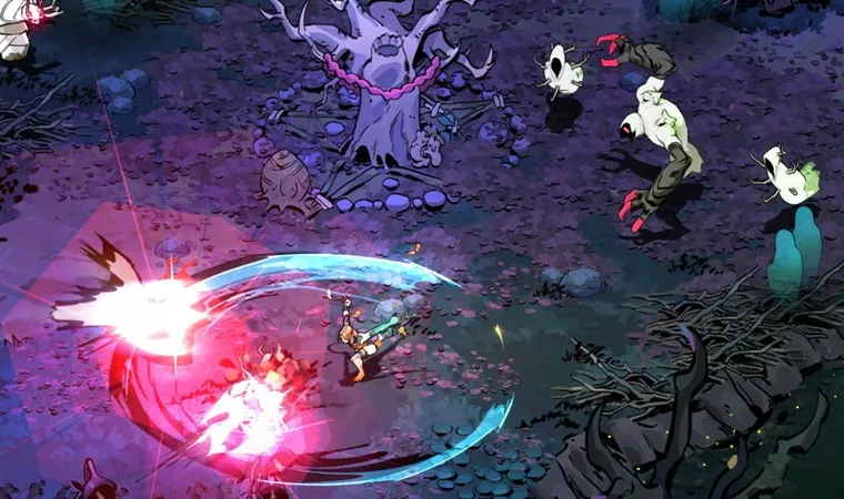 Imagem do jogo Hades 2 com a protagonista Melinoe lutando contra fantasmas no submundo usando suas adagas