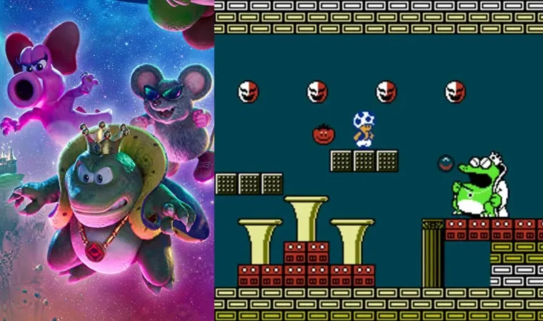 Imagem dividida com vilões Wart, Birdo e Mouser à esquerda e foto do jogo Super Mario Bros. 2 do NES à direita com Toad enfrentando Wart.