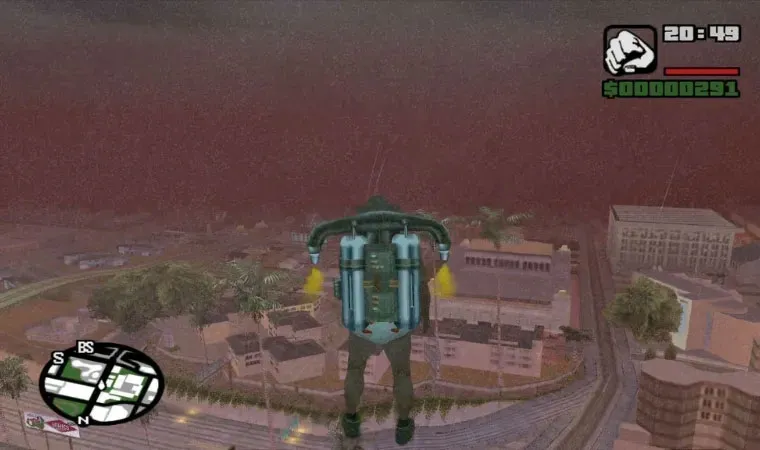 Imagem do jogo GTA San Andreas com o protagonista voando de Jetpack em tempestade via cheats.