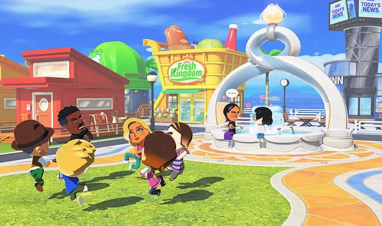 Imagem do jogo Tomodachi Life: Living the Dream com vários bonecos Miis dançando e outros conversando em frente a uma fonte ao fundo