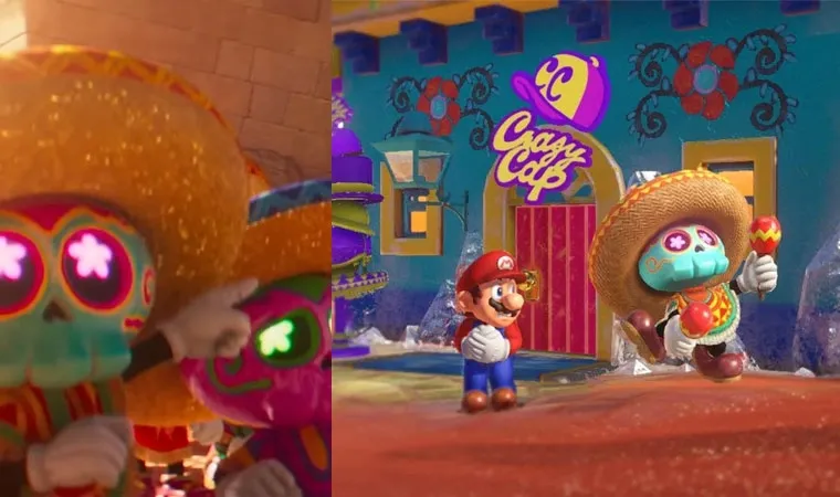 Imagem dividida com caveiras Tostarenans à esquerda e foto do jogo Super Mario Odyssey à direita com Mario tremendo de frio em Sand Kingdom.