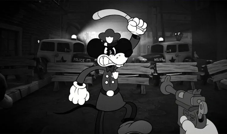 Imagem do jogo Mouse: P.I. for Hire em primeira pessoa com o protagonista apontando uma arma para um rato policial agressivo vindo em direção ao jogador