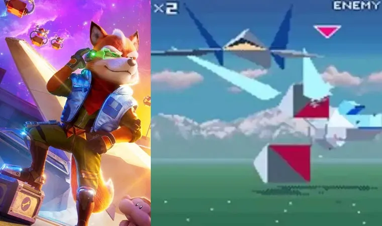 Imagem dividida com Fox McCloud à esquerda e foto do jogo Star Fox do SNES à direita com nave poligonal enfrentando inimigo.