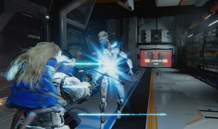 Imagem do jogo Pragmata exibindo o personagem Hugh e Diana em suas costas atirando contra um inimigo robô humanoide