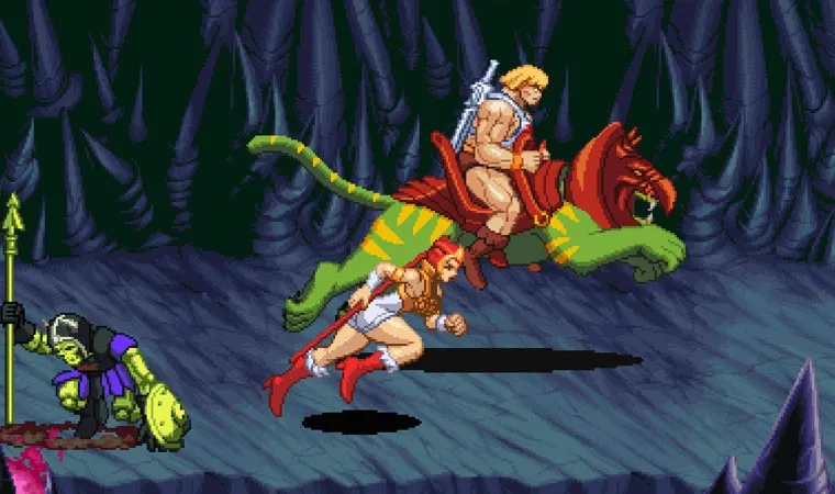 Imagem do jogo He-Man and the Masters of the Universe: Dragon Pearl of Destruction com o personagem He-Man montado no Gato Guerreiro e Teela correndo pela tela com um soldado esqueleto caído à esquerda