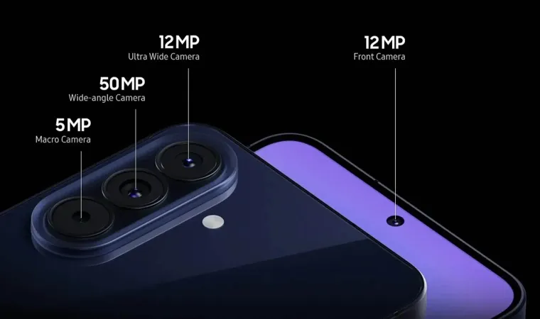 Sistema de câmeras traseiras do Samsung Galaxy A57 com especificações 50MP, 12MP e 5MP destacadas