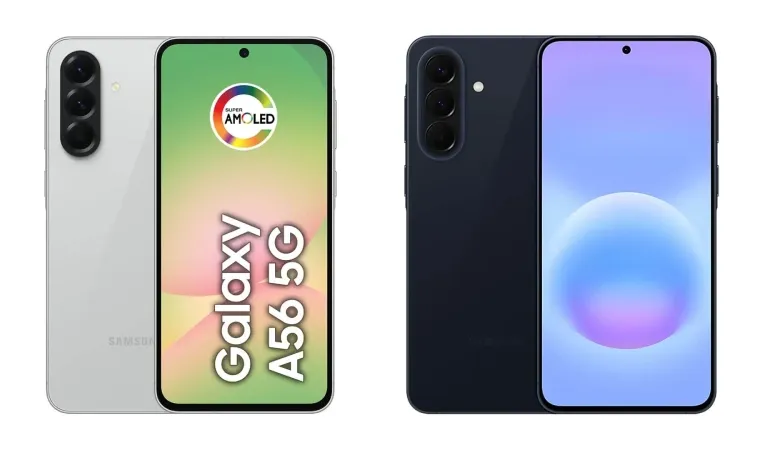 Samsung Galaxy A56 e Galaxy A57 lado a lado mostrando a diferença de espessura entre os dois modelos 
