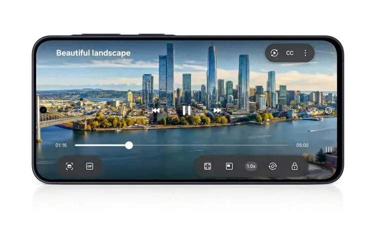 Tela do Samsung Galaxy A57 em modo paisagem reproduzindo vídeo de paisagem urbana
