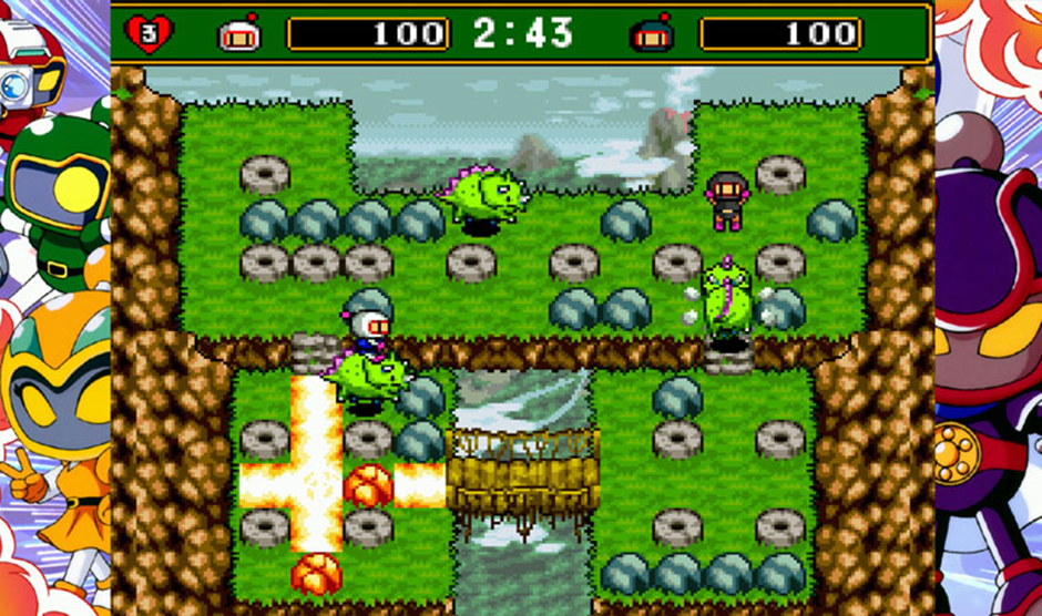 Imagem em 2D do jogo Super Bomberman 4 na coleção Super Bomberman Collection com o protagonista montado em um Tricerátops
