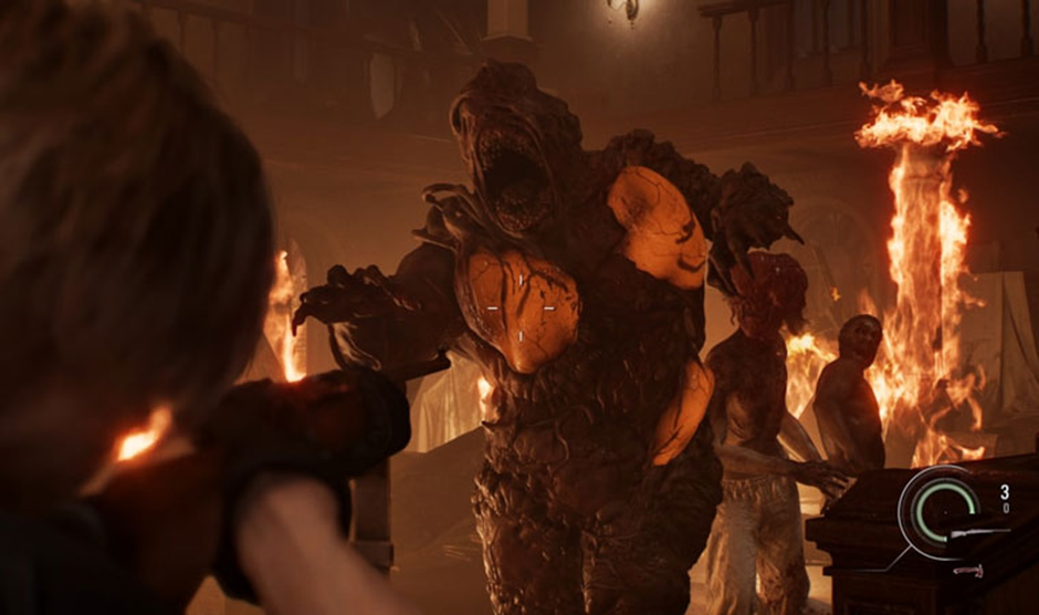 Imagem do jogo Resident Evil Requiem com um dos protagonistas Leon mirando contra uma mutação Blister Borne com pele deformada e bolhas com líquido laranja pelo corpo