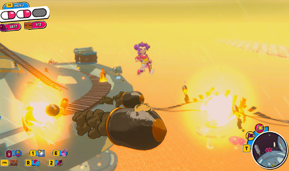 Imagem do jogo Demon Ties com a protagonista Beebz saltando no ar contra gigantescas balas de canhão com um céu alaranjado de fundo