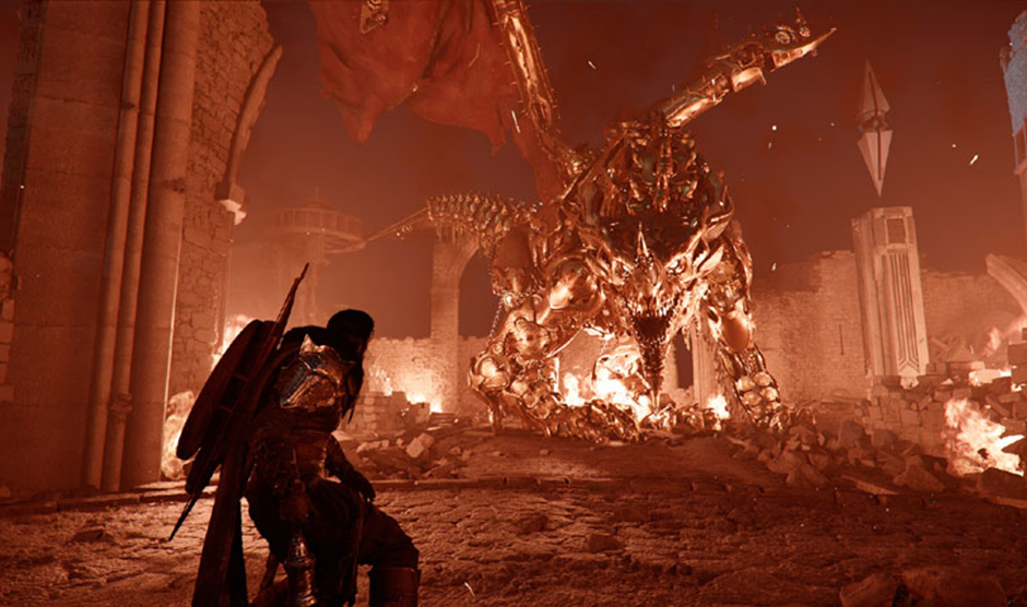 Imagem do jogo Crimson Desert com o guerreiro Kliff enfrentando um dragão mecânico com fogo e uma iluminação avermelhada nos arredores