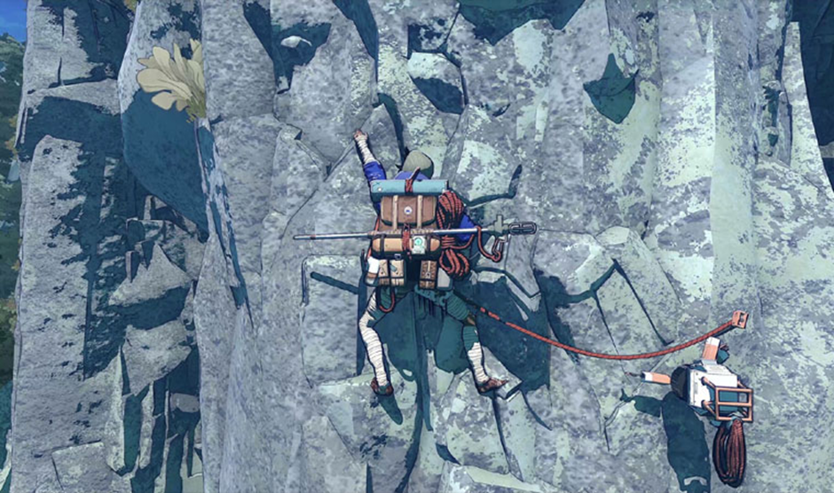 Imagem do jogo Cairn mostrando a protagonista Aava escalando o Monte Kami, esticando sua mão esquerda para alcançar a próxima fresta na parede de pedra